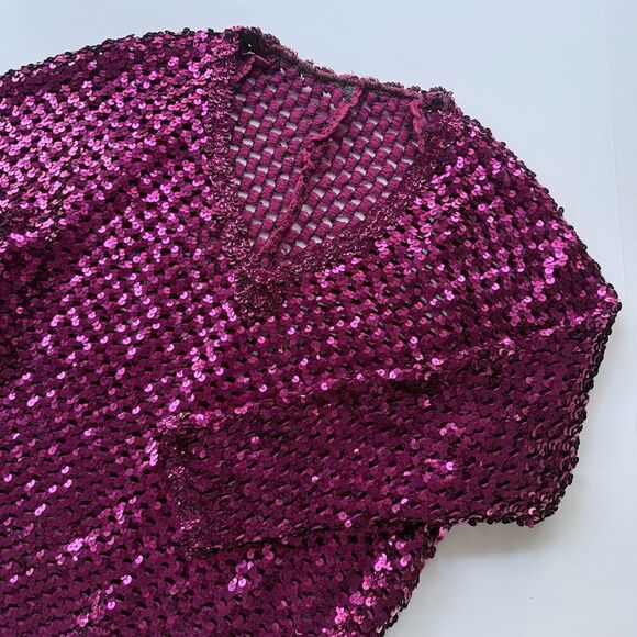 Vintage 1970s Pink Sequin Open Knit V-Neck Sweater Edith Flaggs Three Flaggs M - Picture 1 of 14